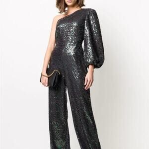 SALONI Lily One-Shoulder Sequin Jumpsuit Flared Pants Set Size Medium Party
